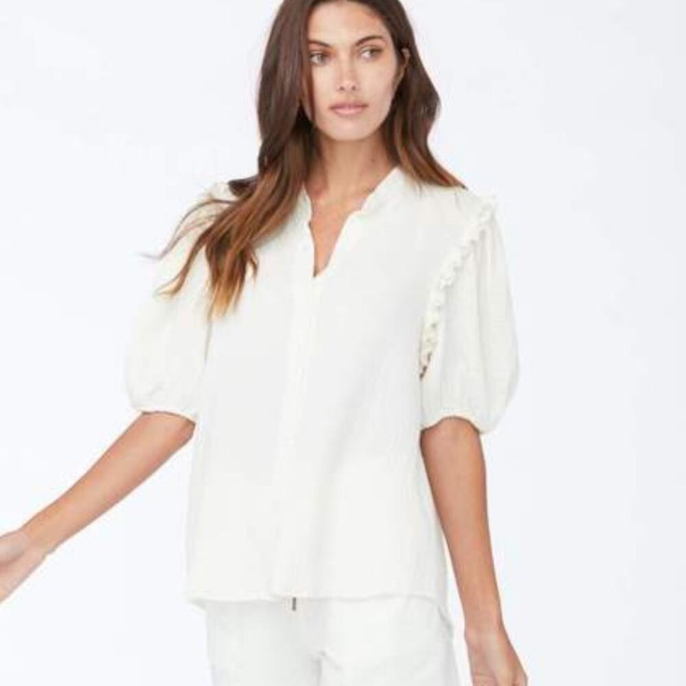 Sundays Manuella puff sleeve blouse in cream poplin w ruffle accents sz 2 B178